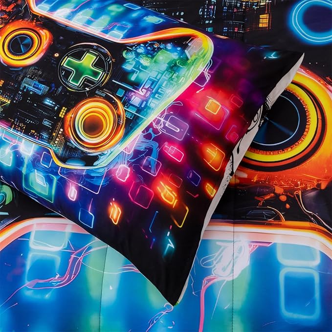 Aimuan Gamer Gaming Bedding Sets 3D Gamepad Comforter Sets for Boys Games Console Action Buttons Novelty Colorful Game Controller Modern Room Decor Home Quilt Set (Black-Blue, Twin)