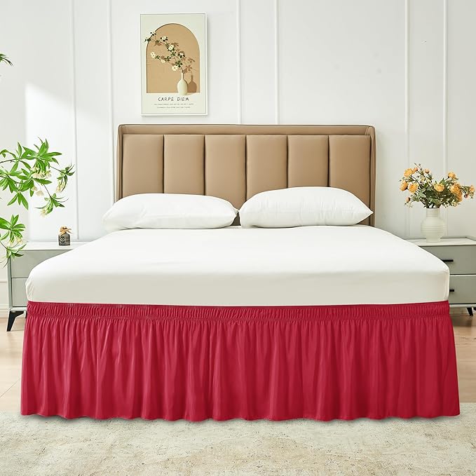 Biscaynebay Wrap Around Bed Skirts for Queen Beds 15" Drop, Red Adjustable Elastic Dust Ruffles Easy Fit Wrinkle & Fade Resistant Silky Luxurious Fabric Machine Washable