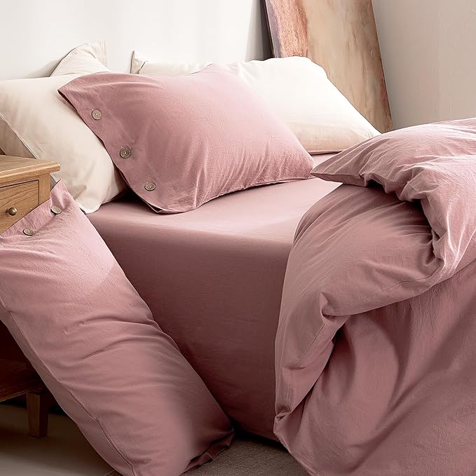 JELLYMONI 100% Washed Cotton Duvet Cover Queen – Soft, Breathable Linen-Look Bedding with Natural Wrinkle Texture, Button Closure, 3-Piece Set (Darker Rose, 90"x90")