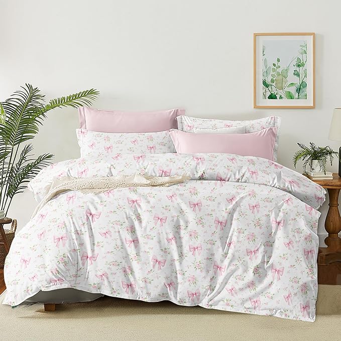 Nayoroom Pink Bow Comforter Set Queen Size White Green Leaf Floral Comforter 3 Pieces Girls Soft Lightweight Cute Coquette Bedding Set for All Seasons