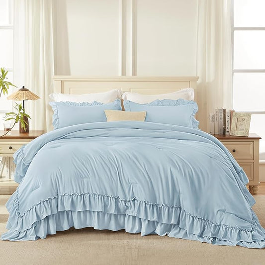 Andency Light Blue Twin Size Comforter Set, 2 Pieces Lightweight Fluffy Ruffle Bedding Set for Dorm, All Season Soft Farmhouse Shabby Chic Bed Set for Kids, College Dorm (66x90In Comforter)