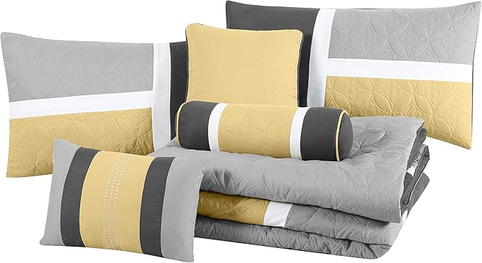 Chezmoi Collection Upland 7-Piece Quilted Patchwork Comforter Set, Yellow/Charcoal/Gray, California King