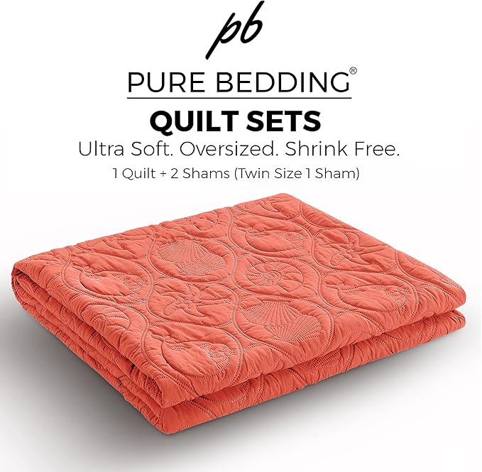 Pure Bedding Quilt Set King/Cal King/California King Size Coral - Oversized Bedspread - Microfiber Coverlet - Includes 1 Quilt and 2 Shams, Ocean Star Pattern