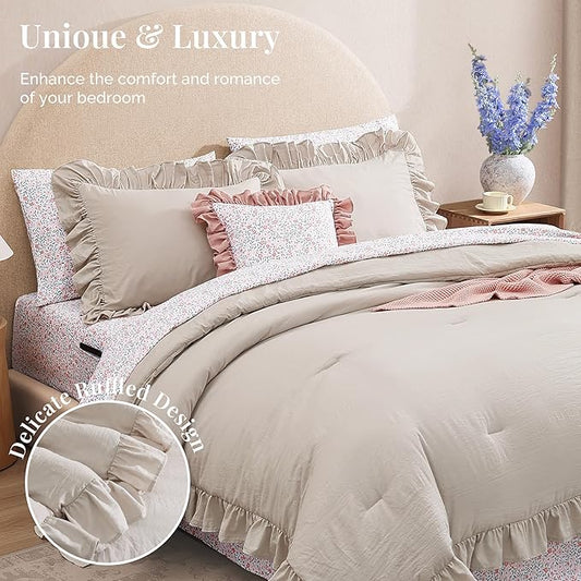 King Comforter Set - 7 Pieces Ruffle Beige Bedding Sets, Shabby Chic Farmhouse Bed in a Bag King with Ruffle Comforter, Floral Sheets, Pillowcases & Shams