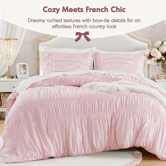 Intelligent Design King Comforter Set Ruched Shabby Chic Comforters for King Size Bed, All Season Lightweight Comforter King, French Country Bedding Set, Shams, Ella, King/Cal King, Pink 3 Piece