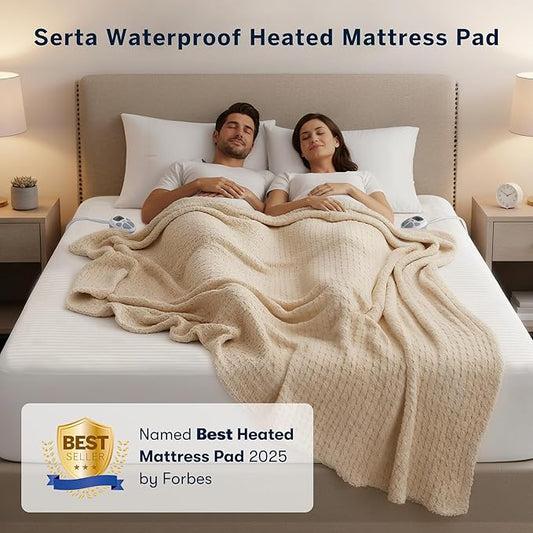 Serta Waterproof Heated Mattress Pad, Electric Bed Warmer with 10 Heat Settings, Auto Shut Off Timer, ETL Certified Electric Mattress Pad, Elastic Deep Pocket, Machine Washable, White Twin XL