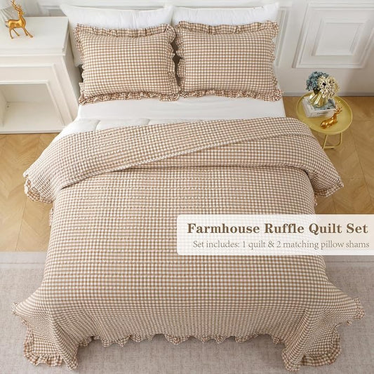 Taupe White Ruffle Gingham Quilt Set Queen Size with Pillow Shams, 100% Washed Cotton Yarn-Dyed Quilted Bedspread Bedding Set (Taupe, Queen)