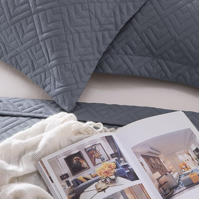 EXQ Home Quilt Set Full/Queen Size Blue 3 Piece,Lightweight Soft Coverlet Modern Style Squares Pattern Bedspread Set for All Season(1 Quilt,2 Pillow Shams)