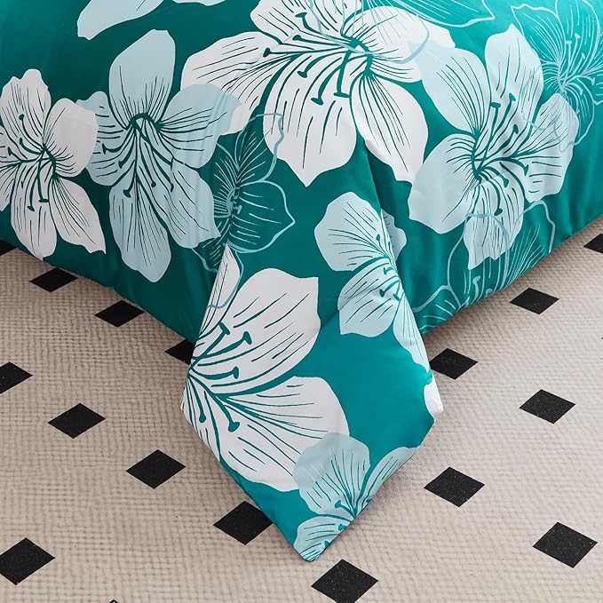 Menghomeus Queen Comforter Set Gradient Teal Bedding Floral Comforter Sets - Soft Microfiber Bed Comforter Set for All Season, 3 Piece Botanical Flowers Comforter, Pillowcases