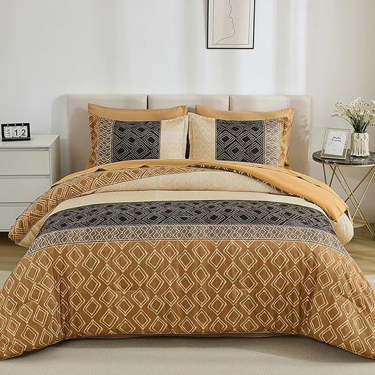 Dinjoy Boho Queen Comforter Set Brown,7 Piece Bed in a Bag Queen Size Warm Fall Bedding Sets Striped Comforters Bed Set with Sheets for Family All Season