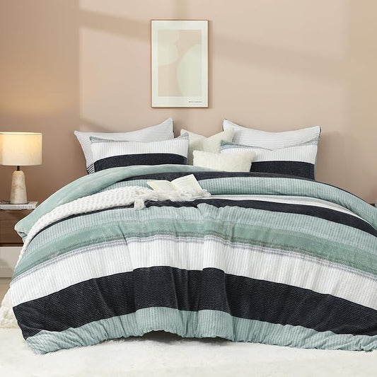 Litanika Fluffy Fleece Full Size Comforter Set, Luxury Soft Plush Fuzzy Sage Green Stripe Bedding Comforter Sets, Warm Shaggy Faux Fur Bed Set All Season (1 Comforter, 2 Pillowcases)