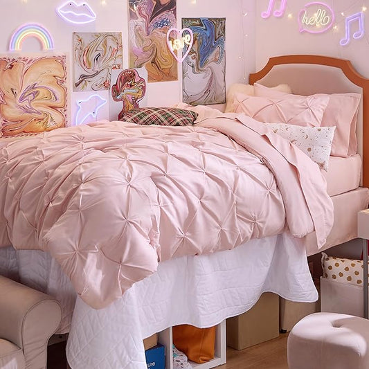 Bedsure Twin Comforter Set Pink for Women - Bed in a Bag Twin Size Bedding 5 Pieces, GentleSoftโข Pintuck Bed Set Gift for Family, Pinch Pleat Pink Comforter with Sheets, Pillowcase & Sham