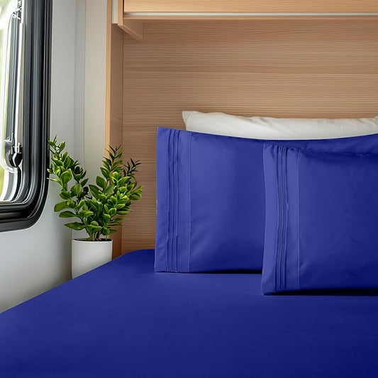 Elegant Comfort Luxurious 1500 Premium Hotel Quality Microfiber Three Line Embroidered Softest 4-Piece Bed Sheet Set, Wrinkle and Fade Resistant, RV Short Queen, Royal Blue
