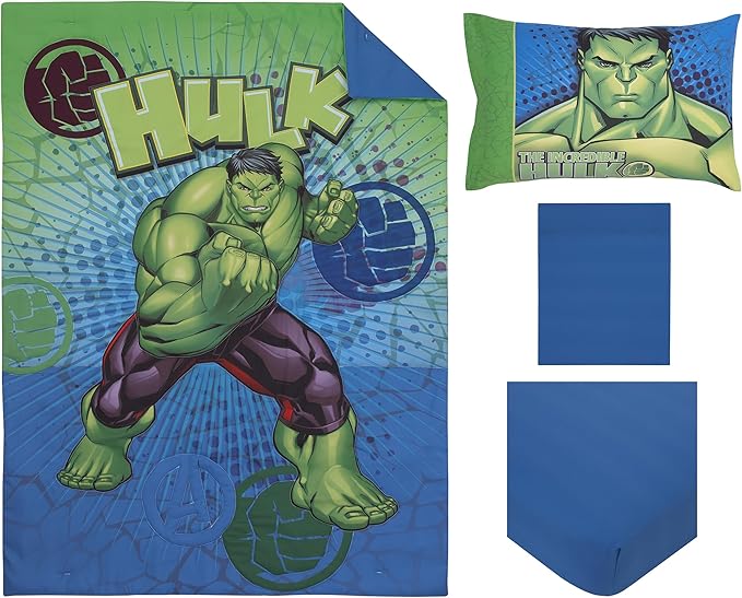 NoJo Marvel The Incredible Hulk Green, and Blue 4 Piece Toddler Bed Set - Comforter, Fitted Bottom Sheet, Flat Top Sheet, and Reversible Pillowcase