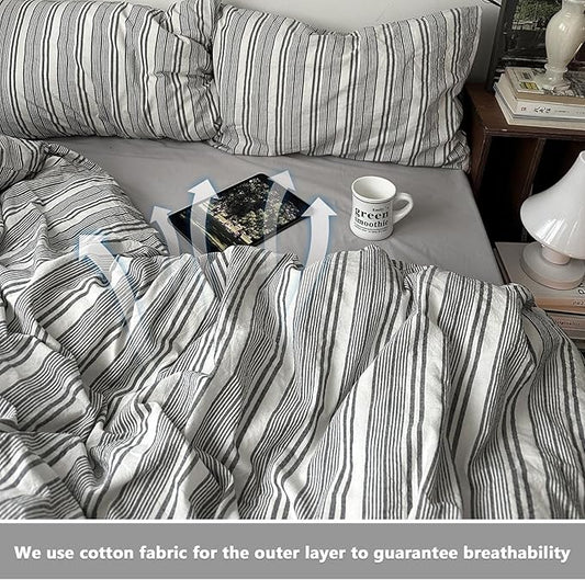 VM VOUGEMARKET Full Comforter Set Vintage Grey White Striped Dorm Bedding with Matching Pillowcases Lightweight Luxury Comforter for Boys Men