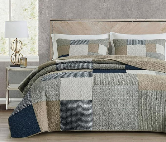 Chezmoi Collection Addy 3-Piece Navy Blue White Gray Taupe Plaid Patchwork Quilt Set - Pre-Washed Cotton Quiltd Lightweight Reversible Bedspread for All Seasons, Oversized King Size