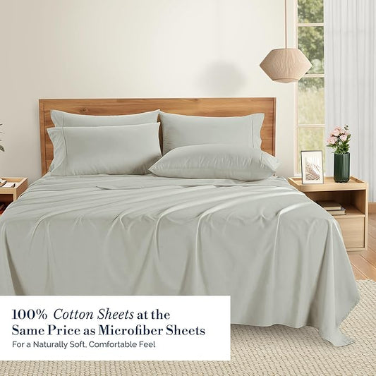 Casa Platino Full Percale Sheet Set– 6 Piece 100% Cotton Sheet Set Full, with 15” Deep Pocket Fitted Sheet, Crisp Weave for Cool Cozy Sleep, Soft & Breathable, Everyday Essential Sheets – Silver