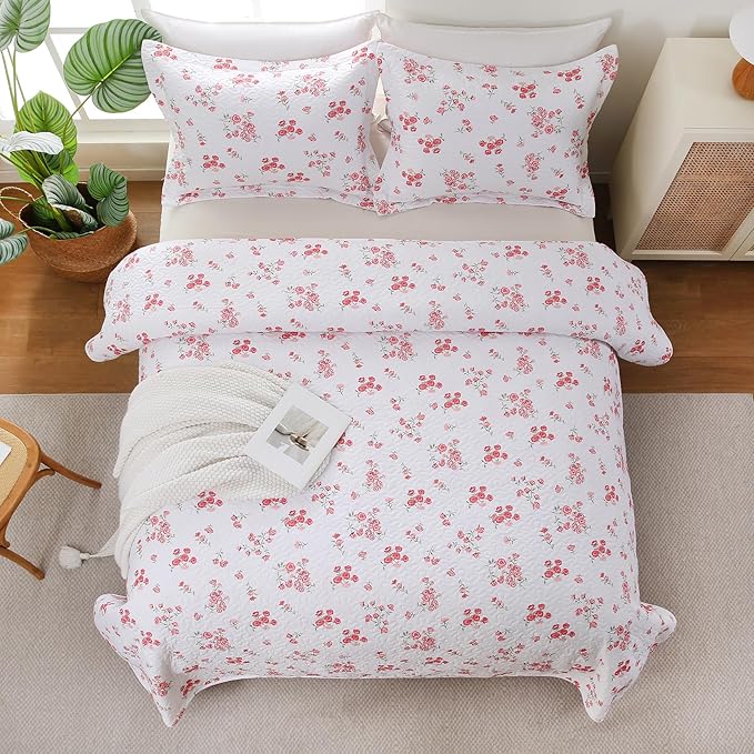 Pink Floral Quilt Set Queen Size - Reversible Shabby Chic Bed Quilts Lightweight Girly Bedding Bedspreads Quilted Coverlets with 2 Pillow Shams for All Seasons (90"×90")