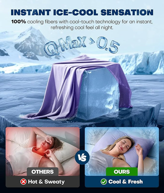 Ultra-Chill Cooling Pillowcase Set of 2 for Hot Sleepers, Softer Than Silk Pillow Cases for Protecting Hair & Skin, Breathable Bed Pillow Covers w/Zipper, Gifts for Women Men(Purple, King)