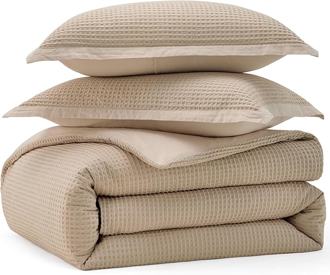 Bedsure Cotton Duvet Cover Set - 100% Cotton Waffle Weave Khaki Duvet Cover California King Size, GentleSoft™ and Breathable Cal King Tan Bedding Set for All Season, 3 Pieces, 104"x98"