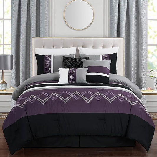 Chezmoi Collection Arden 7-Piece Modern Pleated Stripe Embroidered Zigzag Bedding Comforter Set (King, Purple/Black/Gray/White)