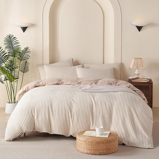 Comforter King Set Beige Striped Soft Luxury Washed Microfiber Jacquard 3 Pieces Bedding, White Beige Vertical Ticking Stripes Pattern Comforter with 2 Pillowcases Breathable Durable Comfy