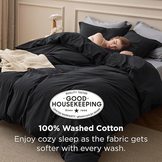 Bedsure 100% Washed Cotton Duvet Cover King Size - Black Minimalist Bedding Set Linen Like - PureWoven Plain Simple & Soft Comforter Cover for All Seasons (Black, King, 104"x90")