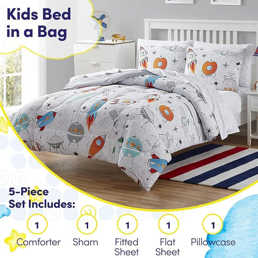Kids Bedding Set Bed in a Bag for Boys and Girls Toddlers Printed Sheet Set and Comforter , Twin, Floating in Space