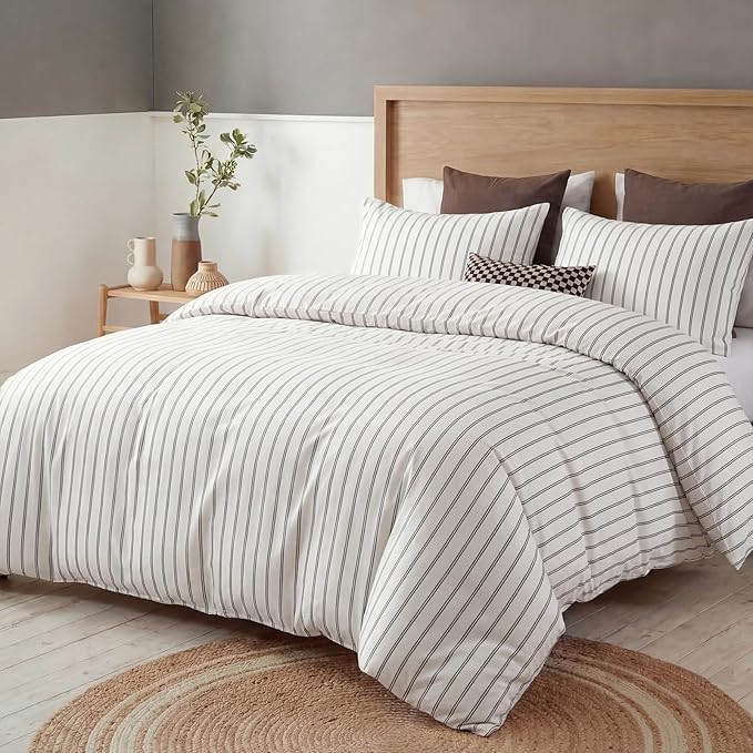 Bedbay Cotton Striped Duvet Cover Set King Size, Black & White Minimal Bedding Set, 100% Cotton Sateen,Soft Breathable Hotel Style Comforter Cover with Zipper Closure & Corner Ties