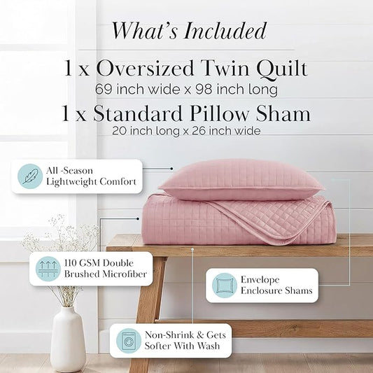 Southshore Fine Living, Inc. Stitched Twin XL Comforter Quilt Bedding Set, Dorm Room Bedding, Stain Resistant, Machine Washable Bedspread, XL/Twin Pink Quilt Bed Spread w/Pillow Sham, Pastel Pink