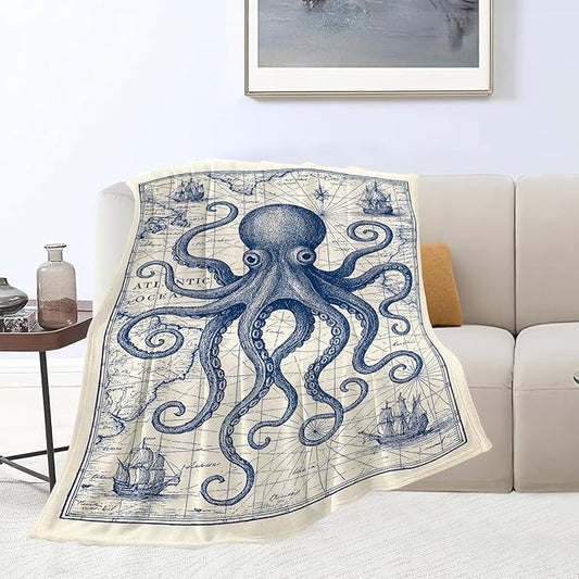 Nautical Octopus Blanket Super Soft Warm Fluffy Fleece Flannel Sea Animal Throw Blanket Cozy Fuzzy Plush Stuff Bedding Sealife Blankets Gifts for Women Kids Boys Girls Adults 80"X60"