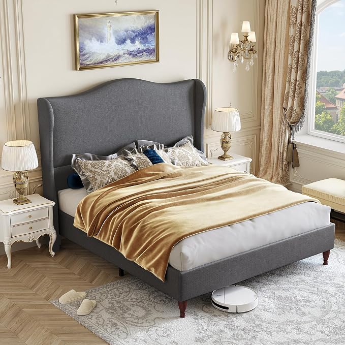 koorlian Full Size Upholstered Bed Frame with 51'' Tall Headboard, Grey | Reinforced Platform Bed, Easy Assembly, Soft Fabric, Sleigh Wingback, Solid Wood Retro Legs, Noise-Free, Classic & Simple
