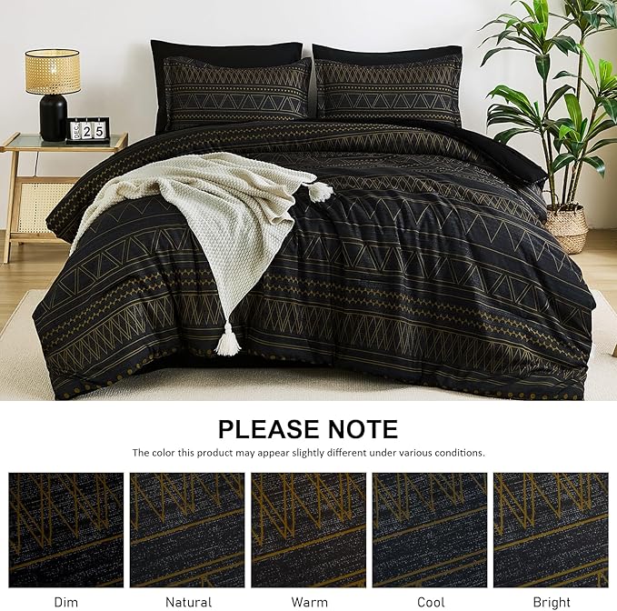 WONGS BEDDING King Size Comforter Set 7 Pieces, Boho Black Gold Geometric Striped Comforter for King Bed in a Bag, Soft Microfiber Bedding Set with Pillowcases, Flat Sheet, Fitted Sheet, Pillow Shams