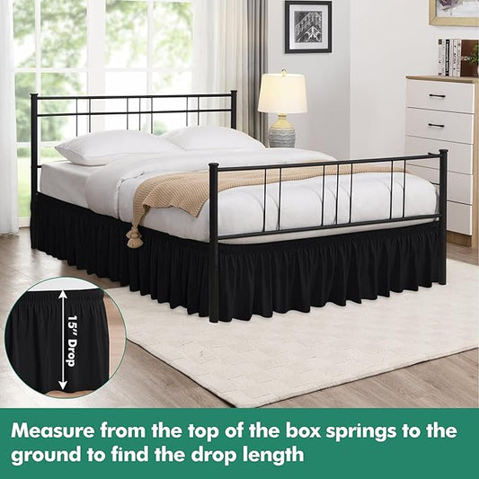 Biscaynebay Wrap Around Bed Skirts with Split Corners for King Beds 15" Drop, Black Adjustable Elastic Dust Ruffles Easy Fit Wrinkle Resistant Silky Luxurious Fabric Machine Washable