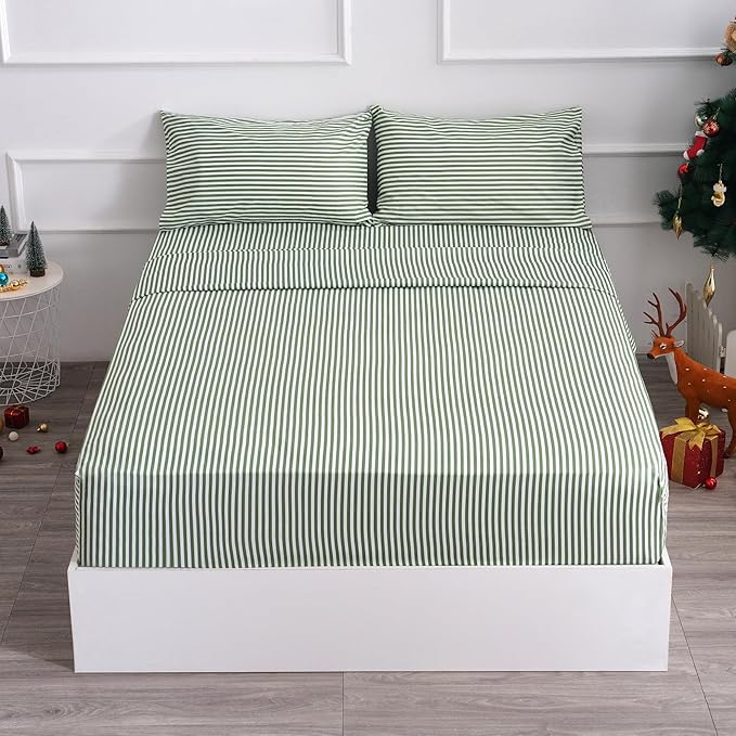 Best Season Bed Sheet Set 4 Piece -Full Size-Soft Durable Microfiber Bedding Sheet Set,Deep Pocket,Stain,Fade & Wrinkle Resistant Green and White Pinstripe (Stripe Grass Green)