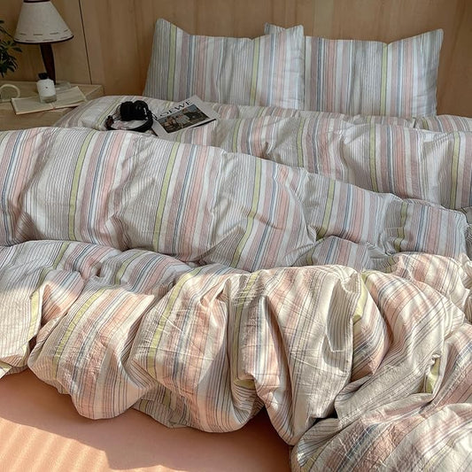 EAVD Pink Blue Yellow Striped Duvet Cover King Soft Washed Cotton Bedding Set 3 Pieces Pinstriped Bedding Set with 2 Pillowcases Reversible Farmhouse Geometric Pattern Duvet Cover with Zipper