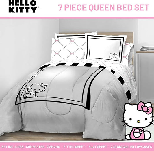 Jay Franco Comforter Set Includes Sheets and Pillow Covers - Soft and Cozy Bed Set for Stylish Room Decor, White - Hello Kity 7 Piece Queen Size Bedding