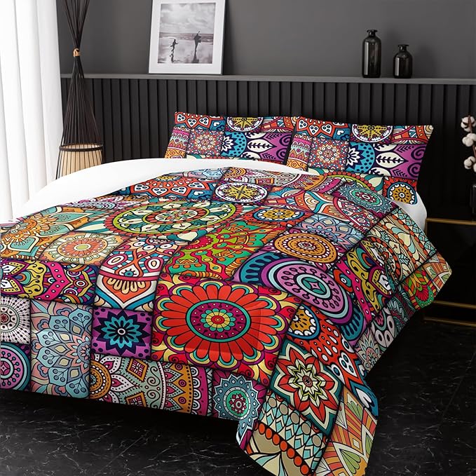 Colorful Bohemian Comforter Sets Twin Size,Geometry Bohemia Bedding Set for Your Room,Abstract Soft Lightweight Quilted Set All Season,1 Comforter and 2 Pillowcases