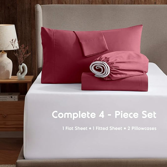 Nestl King Sheet Set - Luxury 1800 Ultra-Soft Microfiber King Bed Sheets - Double Brushed - Deep Pockets - Easy Fit - 4 Piece Set - Bedding Sheets & Pillowcases (King, Burgundy Red)