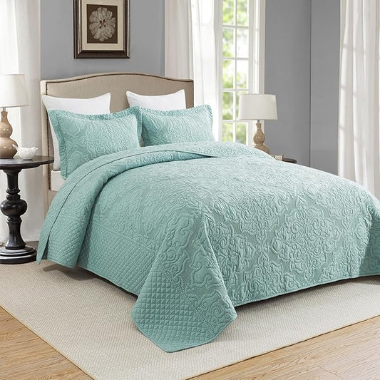 Travan 3-Piece Queen Quilt Set Quilted Bedspread Oversized Microfiber Lightweight Bedspread Coverlet Set with Shams Bedding Set for All Season, Blue, Queen Size