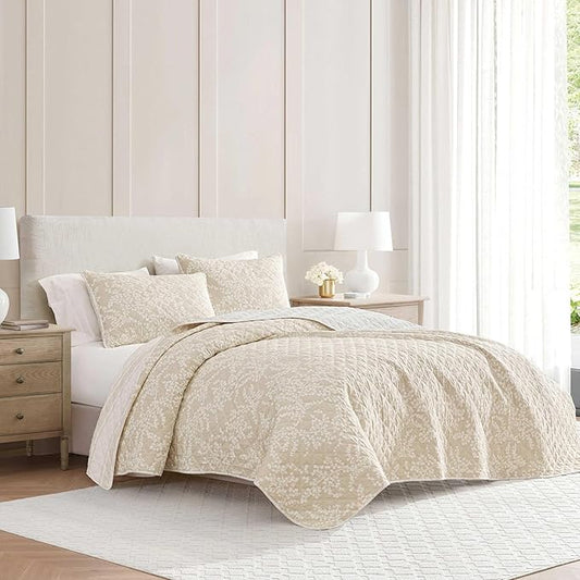 Martha Stewart - Twin Quilt Set, 100% Cotton Reversible Bedding Set, Incredibly Soft Feel for Year Round Comfort, 2 Piece Bed Set with Matching Pillowcase (Layered Branches Beige)