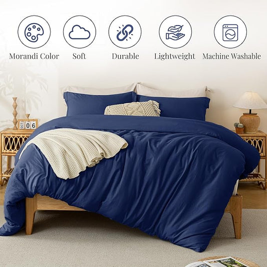 MILDLY Super Soft Duvet Cover 2pcs - 100% Washed Microfiber Navy Blue Comforter Cover Set with Zipper Closure & Corner Ties (No Comforter)