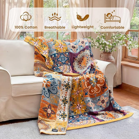 MSGKV Boho Throw Blanket for Bed 60"x80" 100% Cotton Couch Blanket Spring Breathable Lightweight Twin Size Blankets Home Decor Muslin All Seasons