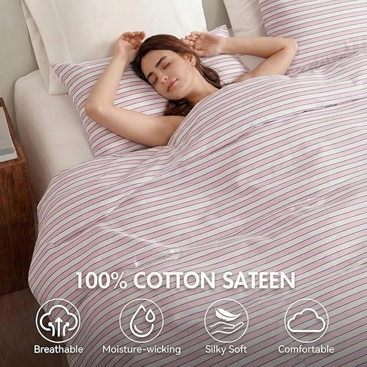 Bedbay Cotton Striped Duvet Cover Set Queen Size, Soft Blush Pink Stripe Bedding Set, 100% Cotton Sateen, Minimal Casual Hotel Style Duvet Cover 3 Piece for All Seasons