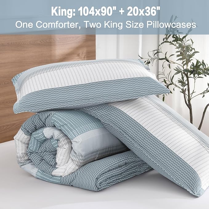 Litanika Comforter Set - Lightweight Quilt Bedding Comforter Sets, Colorblock Stripe Fluffy Bed Set, All Season Down Alternative, King Light Blue