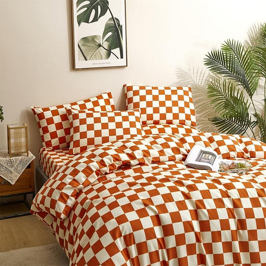 CLOTHKNOW Orange Beige Plaid Twin Comforter Set Grid Bedding Comforter Sets Soft All Checker Comforter with 2 x Pillow Cases