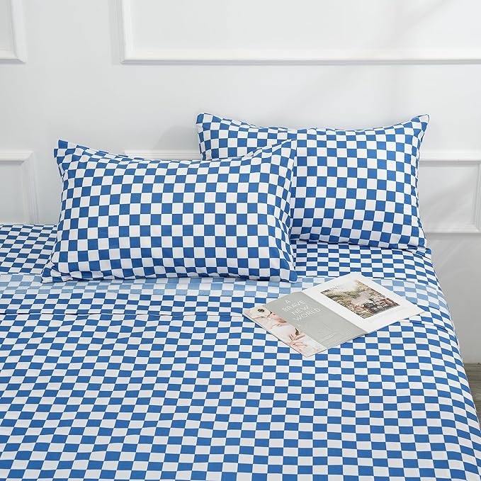 Bed Sheet Set 3 Piece -Twin Size-Soft Durable Microfiber Bedding Sheet Set,Deep Pocket,Stain,Fade & Wrinkle Resistant Blue and White Checkerboard Grid(Plaid Blue&White)