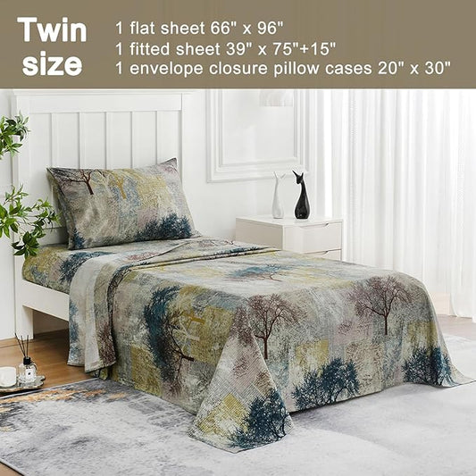 JSD Rustic Print Sheet Set Twin Size, 3 Piece Tree Pattern Soft Microfiber Bedding Sheets Extra Deep Pocket