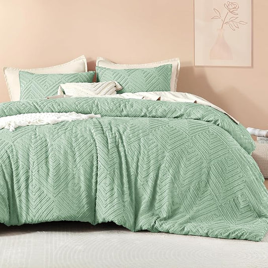 Litanika Sage Green King Size Comforter Set, 3 Pieces Tufted Boho Farmhouse Bedding Comforter Sets, Lightweight Fluffy Comforter Bed Set for All Season (104x90In Comforter and 2 Pillowcases)