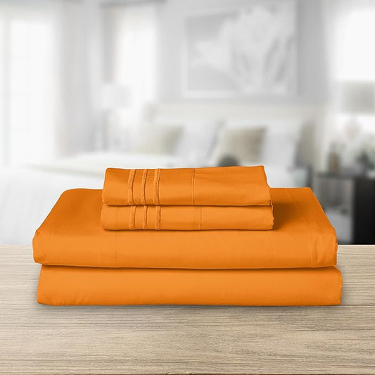 Elegant Comfort Luxurious 1500 Premium Hotel Quality Microfiber Three Line Embroidered Softest 4-Piece Bed Sheet Set, Wrinkle and Fade Resistant, King, Orange